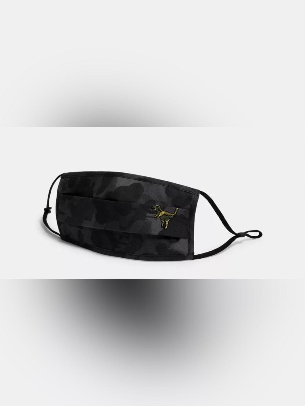 Coach Wild Rexy Black Camo Face Mask with Green and Gold Embroidered Dinosaur